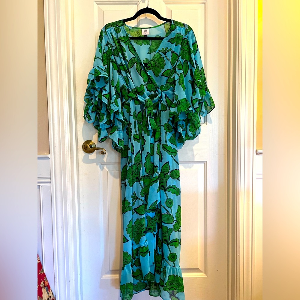 CAbi blue and green floral dress with navy blue slip.